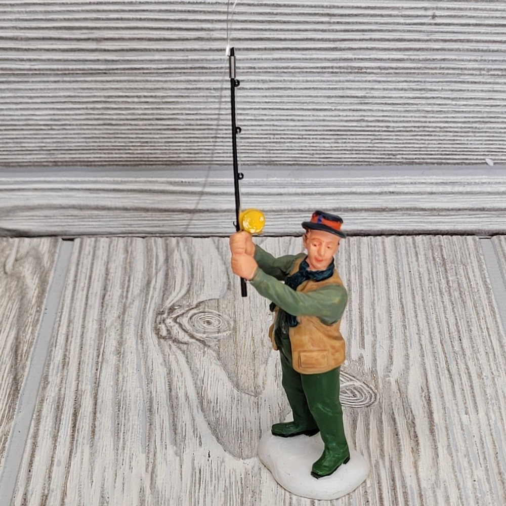 Lemax Fisherman Village Figurine Green Tan Fly Fishing Rod Accessory